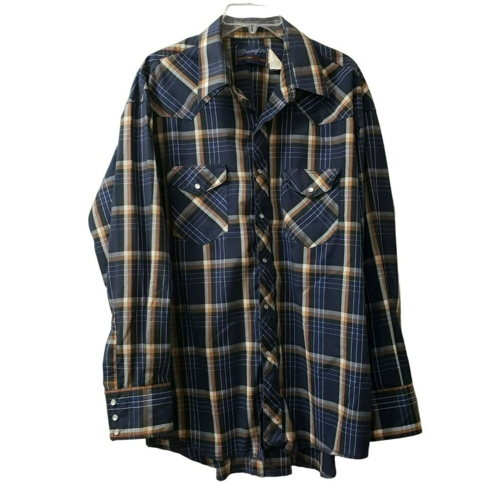 70s/80s Wrangler X-Long Tails Pearl Snap Front Shirt Navy Brown Plaid 18-35